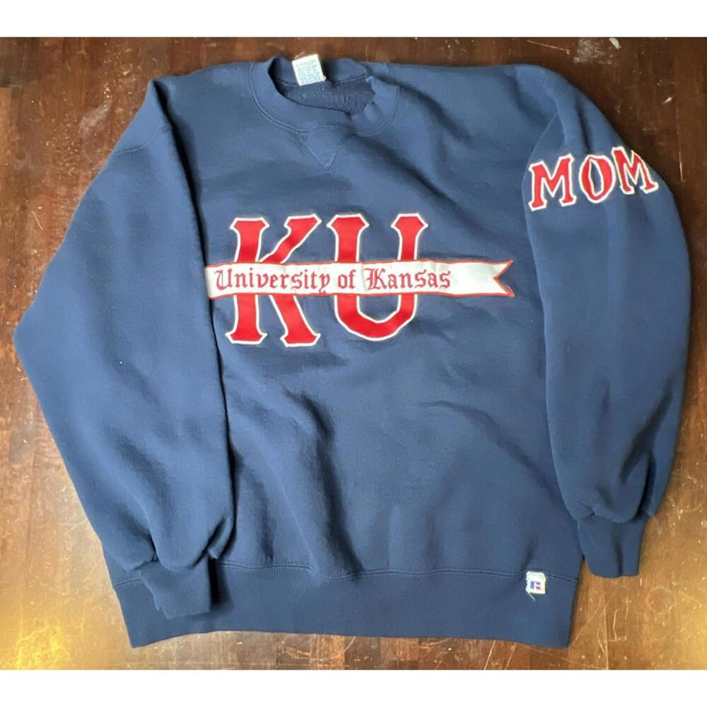 Vintage Kansas University Russell Athletic Crewneck Large Mom Logo On Sleeve 🔥